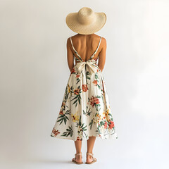 Woman in floral dress and straw hat, viewed from behind, standing against a white background.