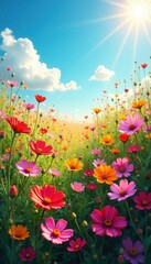 Fototapeta premium Wildflower explosion, clear sky above, vibrant hues, spring, landscape