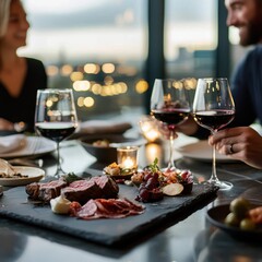 Elegant penthouse dining, stylish couple celebrating with gourmet steak, wine, and upscale charcuterie selection