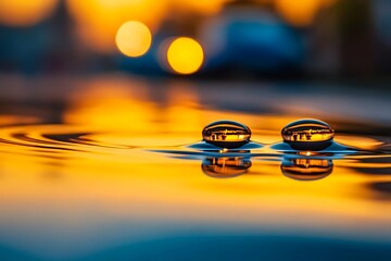 Golden Sunset Reflections in Water Bubbles