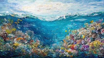 Obraz premium Beneath the waves, a thriving coral ecosystem flourishes with radiant corals and swarming fish, a stunning display of unity in the deep blue.