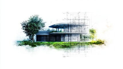 Modern Eco House Architectural Design Blueprint Illustration