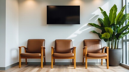 Contemporary reception room interior featuring minimalist seating, vibrant indoor greenery, and sunlight streaming through large glass windows



