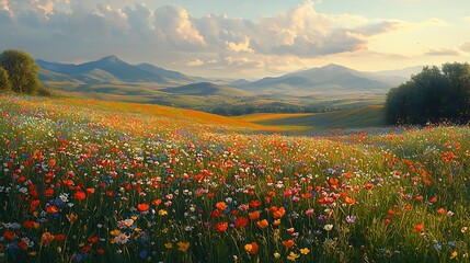 Obraz premium Vibrant Wildflower Meadow Landscape with Rolling Hills at Sunset
