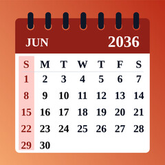 June 2036 Calendar Vector. Monthly planner. June 2036 Flat Calendar Design. Minimalist vector illustration
