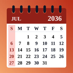July 2036 Calendar Template. Planner layout July 2036 Monthly Design. Flat vector illustration