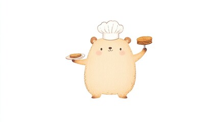 Cute Cartoon Bear Chef Holding Pancakes in Both Hands with a Happy Expression and Chef Hat