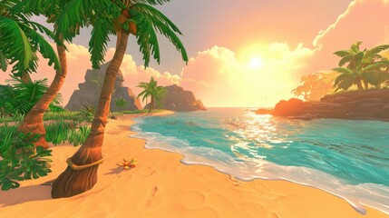 Golden sunlight bathes a tranquil beach, illuminating shimmering waves, soft sands, and a breathtaking coastal expanse of peace.