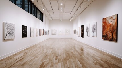 Obraz premium Modern Art Gallery Interior Paintings White Walls Hardwood Floor