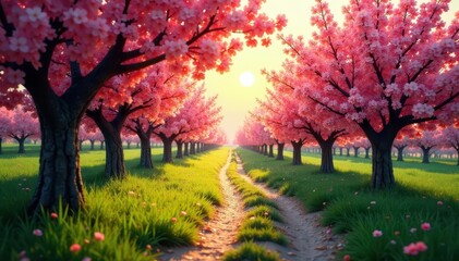 Naklejka premium Sun-dappled path winds through blossoming orchard, gentle breeze , outdoor, scenic