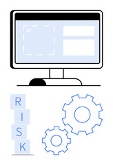 Desktop monitor, stacked risk blocks, gears symbolizing processes. Ideal for strategy, problem-solving, workflow planning, management, teamwork, automation abstract line flat metaphor