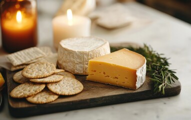 Cheese Crackers and Rosemary on Wooden Board with Lit Candles