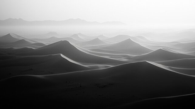 The first light of day caresses the desert rolling sands, casting long shadows and illuminating the rugged peaks in ethereal hues. - Powered by Adobe