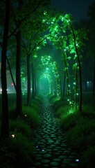 Fototapeta premium Bio-luminescent vines forming hexagonal grid, night view, organic, climbing plants