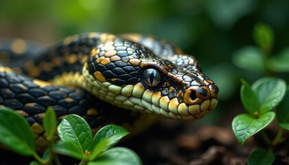 Obraz premium Close-up of a serpent's head, camouflaged in foliage, forest, ophidia