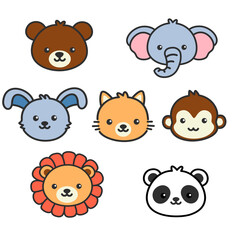 Set of cartoon cute head animals including bear, elephant, rabbit, cat, monkey, lion, panda.. Forest animals for magazines, postcards. Vector illustration