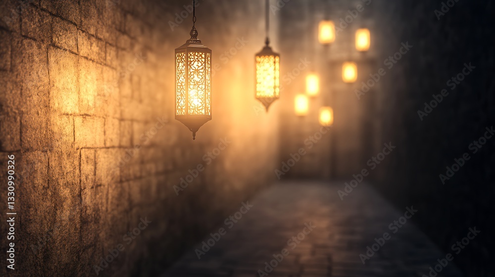 Aufkleber warm, glowing lanterns illuminate a dark, textured corridor creating an inviting atmosphere.