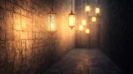 Warm, glowing lanterns illuminate a dark, textured corridor creating an inviting atmosphere.