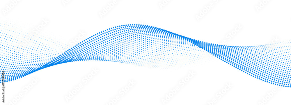 Poster Dotted wave line pattern. Light blue halftone undulate net background. Abstract air flowing particle wallpaper. Vector curve dashed gradient element for poser, banner, presentation, booklet, flyer