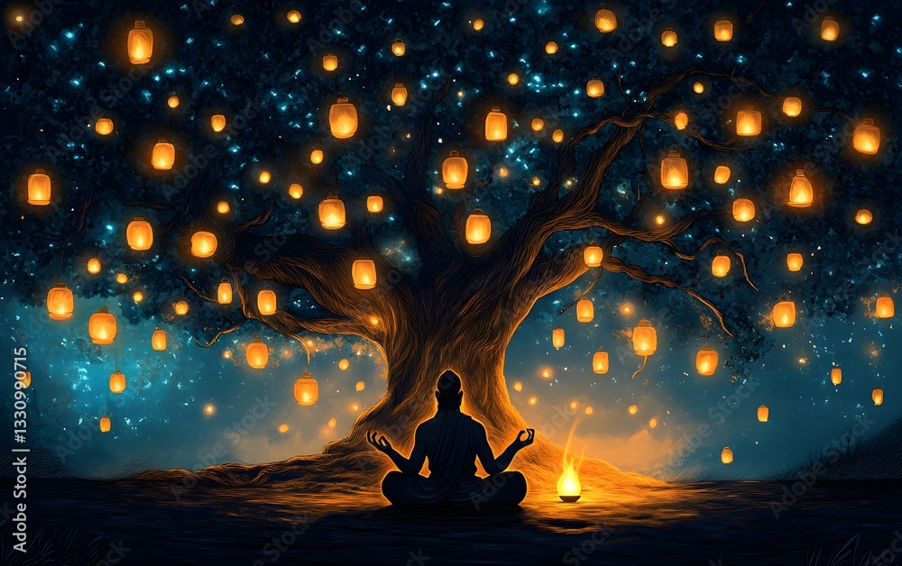 Wall mural a wise sage meditating under an ancient tree, surrounded by floating lanterns