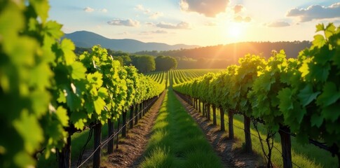 Fototapeta premium Picturesque spring vineyard, vibrant vines bathed in sunlight Rows stretch to horizon , photography, vibrant