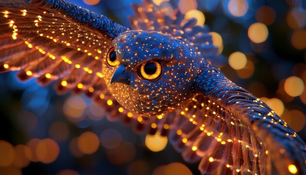 In a realm where dreams take flight, behold a bird of boundless spirit, its plumage adorned with stars A celestial being, it dances among the cosmos, a beacon of hope amidst the vast expanse Its