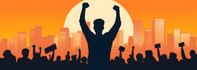 Community Strength: A Silhouette of a Crowd raising their hands high against the backdrop of a setting sun, symbolizing unity, progress and strength.