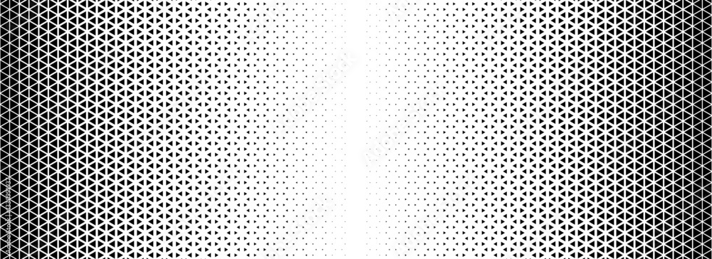 Aufkleber Triangle halftone gradient texture. Geometric triangular tech pattern background. Black abstract vanishing gradation wallpaper. Fading mosaic pop art backdrop for poster, banner, booklet. Vector