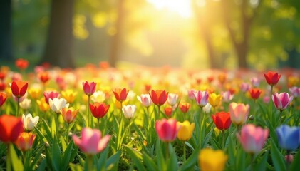 Fototapeta premium Bright rainbow crowns a field of colorful spring flowers bathed in sunlight, day, pastel colors