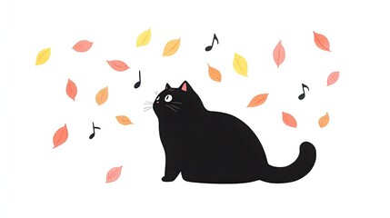 Black Cat Surrounded by Autumn Leaves and Musical Notes on a White Background