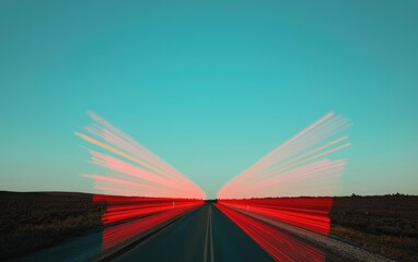 Red And White Motion Blurred Car Lights On Dusk Road With Teal Sky