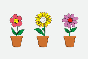 Colorful and cheerful illustration of three potted flowers including a sunflower, a pink flower, and a purple flower, emphasizing nature, joy, and growth. Perfect for spring, gardening, and decoration