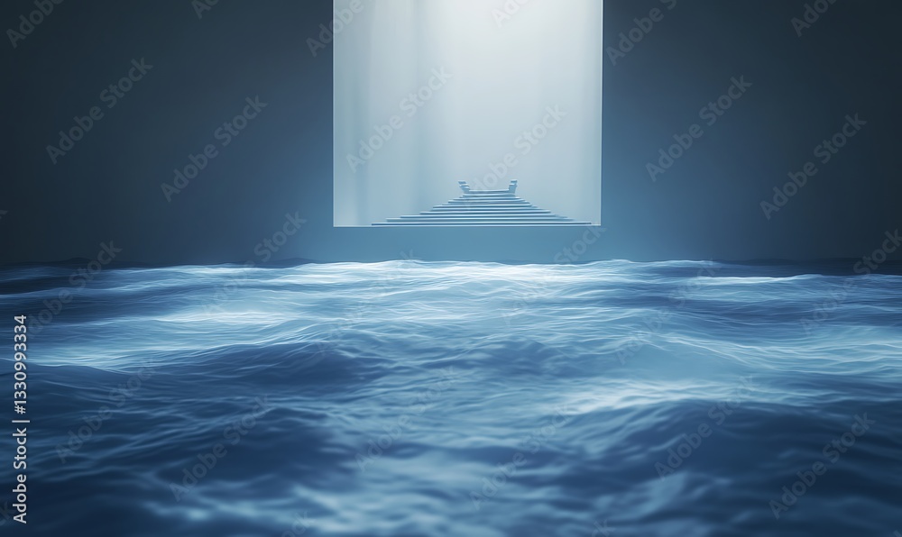 Leinwandbilder mysterious water scene with glowing light and a distant structure above the waves.