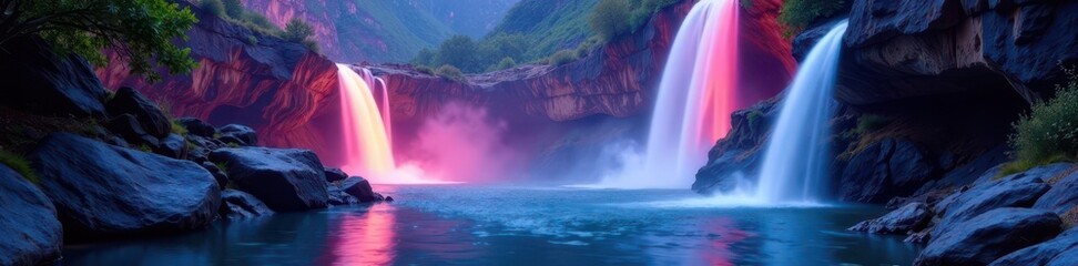Fototapeta premium Glowing waterfalls cascade, liquid light ribbons fill canyon , energy, vibrant