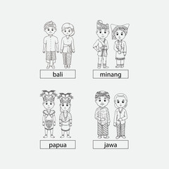 Black and white illustration of four groups of traditional Indonesian costumes: Bali, Minangkabau, Papua, and Jawa, presented with cultural accuracy for educational and artistic purposes.