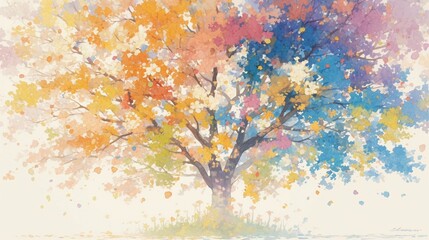 色とりどりの葉を持つ多様な木の水彩画10