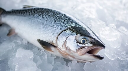 Fresh Silver Salmon on Ice Close up View of Chilled Seafood