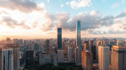 Obraz premium Stunning City Skyline Panorama at Sunset High Rise Buildings Urban Landscape