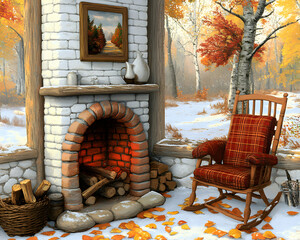 Cozy autumnal scene of a fireplace with a rocking chair near a snowy window overlooking a birch forest.