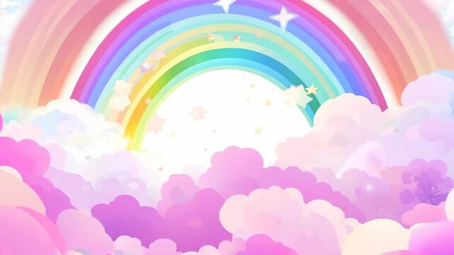 Pastel Pink Clouds and Rainbow Against a Sky Full of Colourful Stars