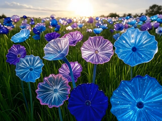 Naklejka premium Colorful glass flowers create a stunning display during sunset in a serene grassy field