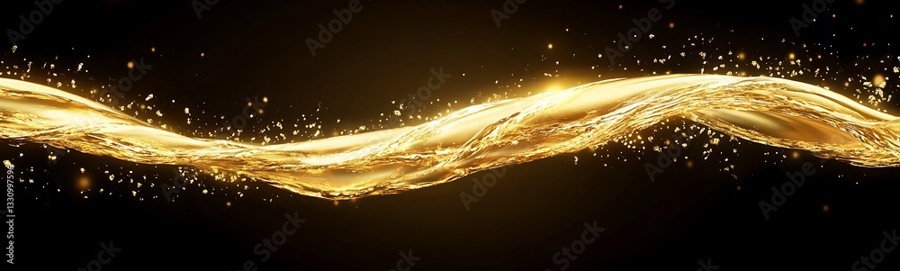 Poster shimmering golden wave with sparkles against a dark background.