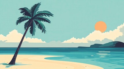 Serene Tropical Beach Sunset Palm Tree on Sandy Shore