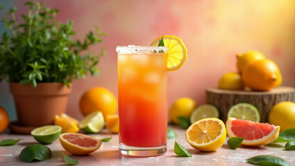 Fototapeta premium Refreshing citrus cocktail with vibrant colors and botanical accents still life