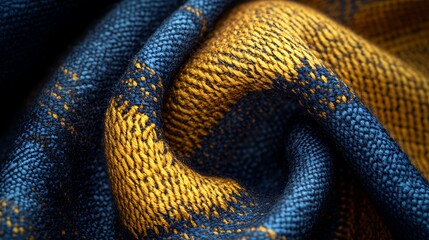 Fototapeta premium Textured blue and yellow fabric with intricate woven patterns and depth.