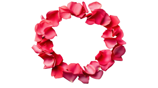 Round frame of red rose petals on transparent background