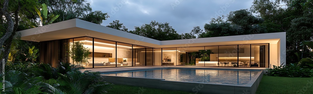 Aufkleber Modern architectural house with large glass windows surrounded by greenery and a tranquil pool.