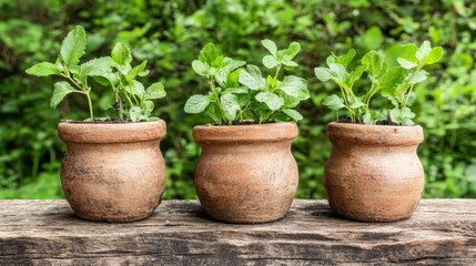 Three Potted Mint Plants on Rustic Wooden Surface