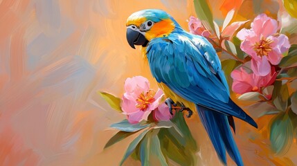 In a vibrant symphony of color and texture, a jungle bird alights, its plumage a dazzling display against the dreamy, soft-focused backdrop Each brushstroke tells a story, a whisper of the wild