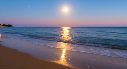 Obraz premium A mesmerizing tableau of a moonlit shore, where tranquil waves mirror ethereal glow of moon, enveloping scene in a serene and enchanting atmosphere